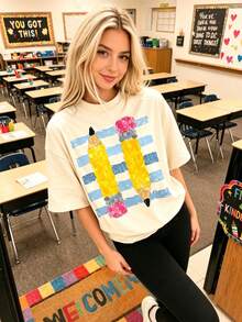 Retro Pencil Graphic Teacher Tee Cute Alphabet Print Classroom Top Breathable Cotton Casual Shirt For Educators Back To School - Apricot - View 4
