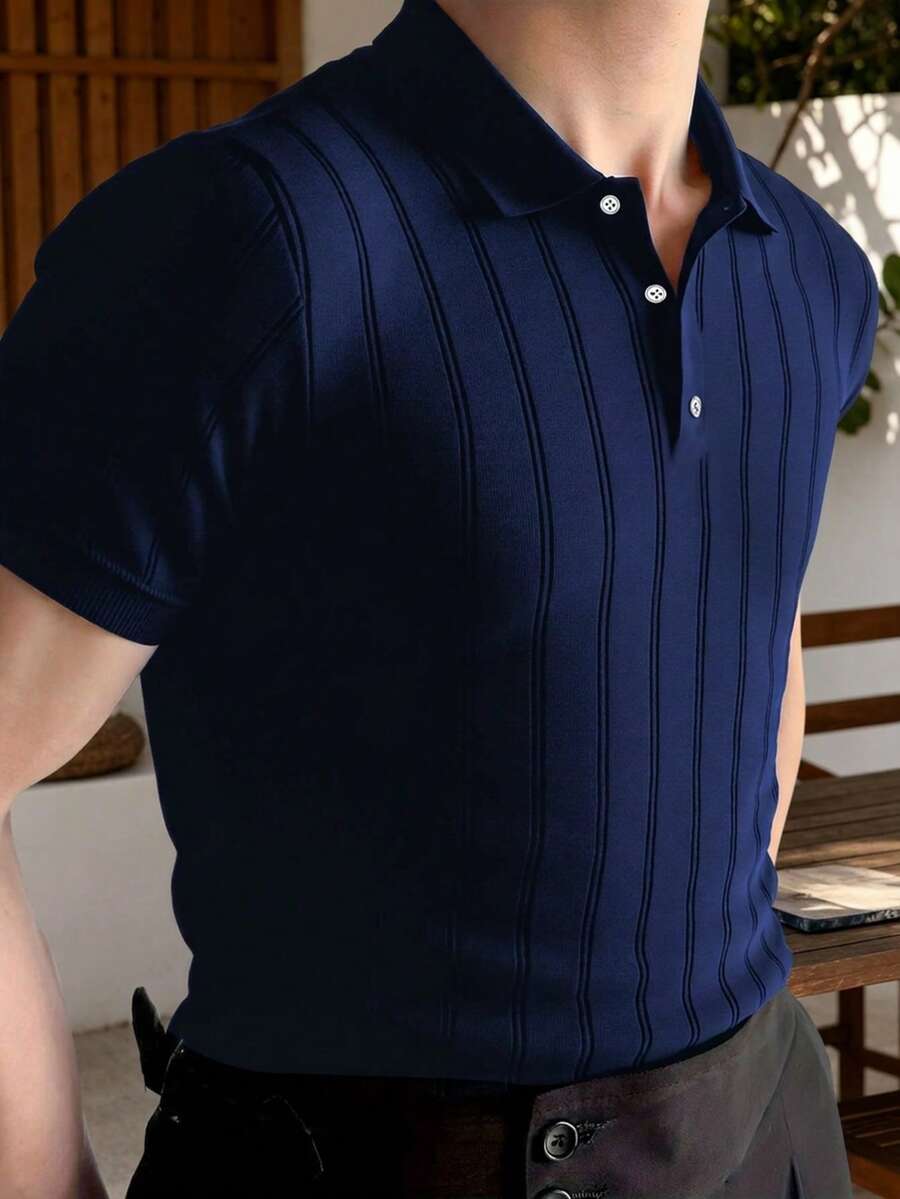 ALTZTAR Men's Ribbed Short Sleeve Polo Neck Knit Top, Suitable For Daily Wear, Outdoor & Commuting - Navy Blue - View 1