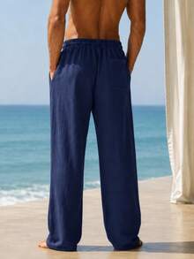 Men’s Navy Linen-Blend Casual Trousers — Lightweight Relaxed-Fit Drawstring Pants for Beachside Comfort, Vacation Style & Summer Lounging - 藏蓝色 - 查看 5