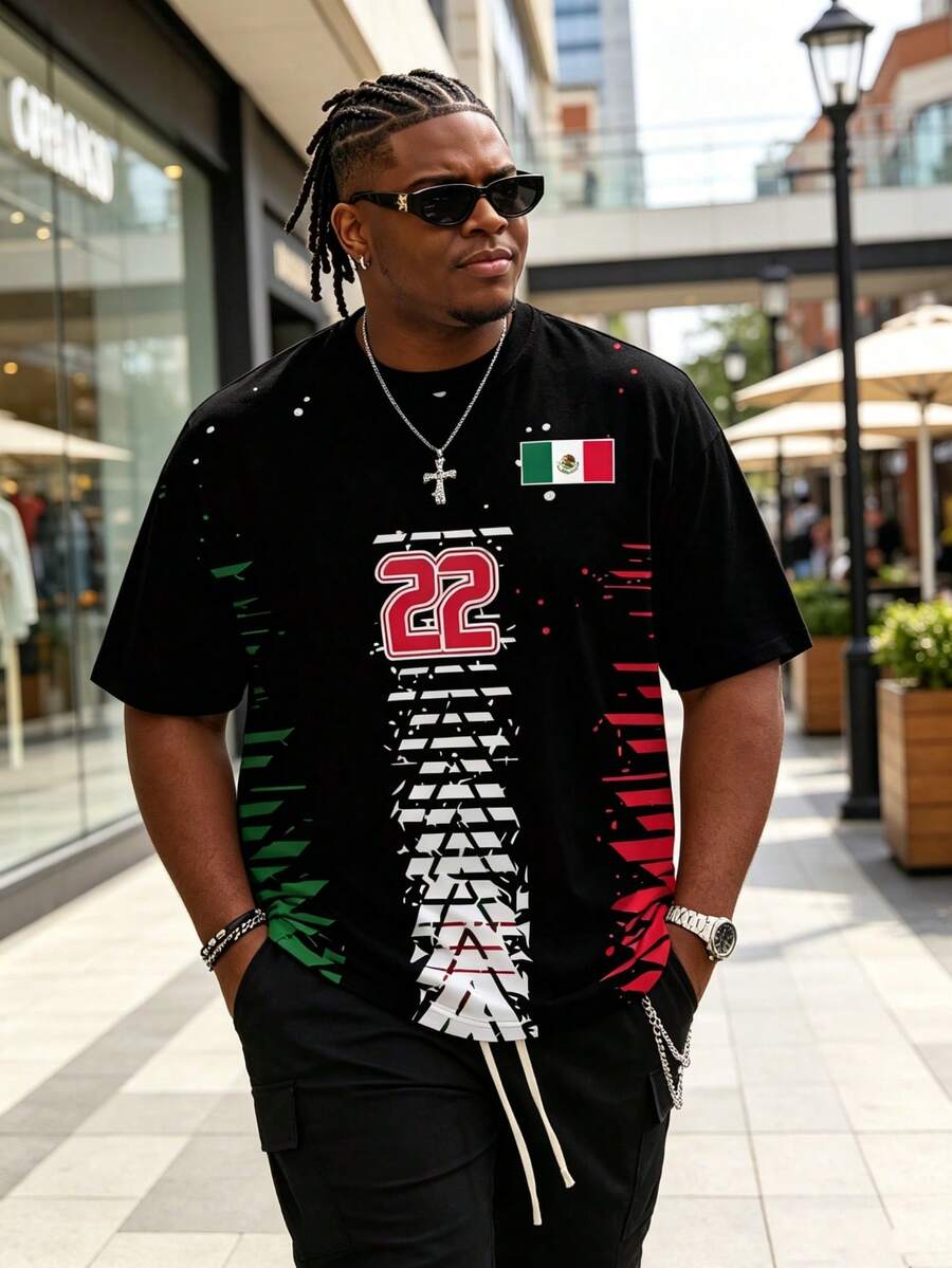 22 Mexiko Flagge Farbblock Herren Große Größen Kurzarm T-Shirt, Straßen Farbverlauf Muster Loose Fit Herren Große Größen Top, Lässiges Herren Große Größen T-Shirt im Hip-Hop Stil - Verschiedenfarbig - Übersicht 1