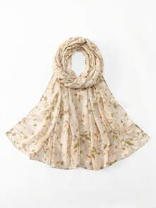 1pc Floral Pattern Women's Chiffon Hijab, Daily Wear Muslim Headscarf, Fresh Printed Headwrap, Suitable For Abaya And Face Veil - Beige - View 4