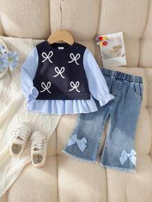 2pcs Baby Girl Casual College Style Long Sleeve Striped Patchwork Ribbed Sweatshirt & Denim Pants Set, Thin Spring/Autumn - Royal Blue - View 1