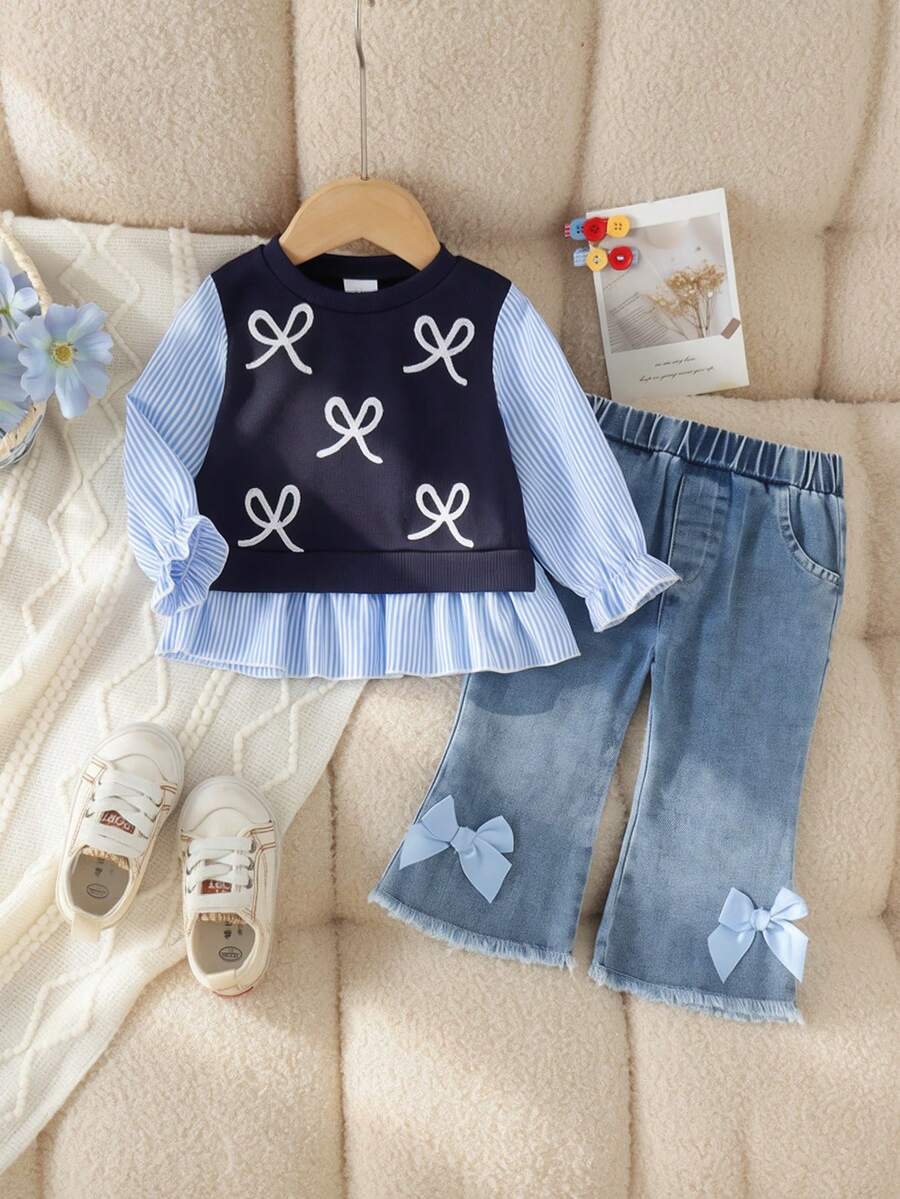 2pcs Baby Girl Casual College Style Long Sleeve Striped Patchwork Ribbed Sweatshirt & Denim Pants Set, Thin Spring/Autumn - Royal Blue - View 1