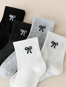 5雙可愛蝴蝶結中筒休閒襪，女童適用，四季皆宜 - 彩色 - 查看 2