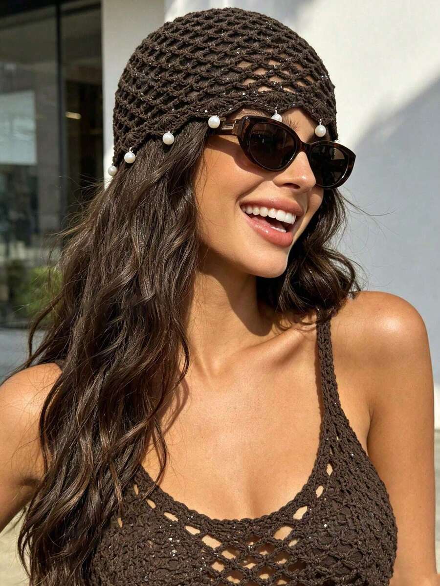 1pc Fashion Bohemian Sequin Pearl Pendant Mesh Hollow Knit Hat Women's Decorative Hat Beach Vacation Travel Accessory Party Decoration Gift For Friends - Multicolor - View 1