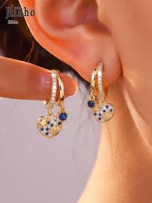 Hihho 1 Pair French Luxury Blue Diamond Heart Shell Double Drop Earrings, Exquisite Rhinestone Inlaid Ocean Style Unique Design, Suitable For Women's Daily, Holiday, Party, Vacation And Beach Wear - Double Drop Earrings - View 2
