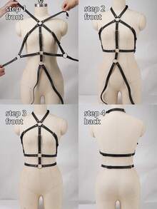 PU Leather Waist Belt Black Collar Cross Full Body Harness,Double Metal Ring Dual Layer Adjustable Shoulder Strap For Punk Y2K Office Rave Cosplay - 彩色 - 查看 5