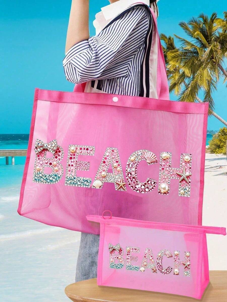 Bolsa de playa de malla con patrón de letras de strass, bolsa de maquillaje transparente portátil estilo hawaiano, bolsa de almacenamiento de lápiz labial, polvo, cuidado de la piel y artículos de tocador, esencial multifuncional para viajes, cruceros y dormitorios, bolsa de playa ligera de verano para mujeres, regalo ideal para bodas, damas de honor, Día de la Madre y cumpleaños para amigos, familia y maestros, bolsa de almacenamiento para joyas, esmalte de uñas y brillo labial en el hogar, baño y dormitorio - Multicolor - Ver 1