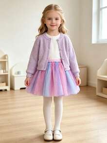 1pc Girls Sequin Skirt, Double Layer Tulle Skirt, Sweet And Cute, For Daily Wear - Multicolor - View 7
