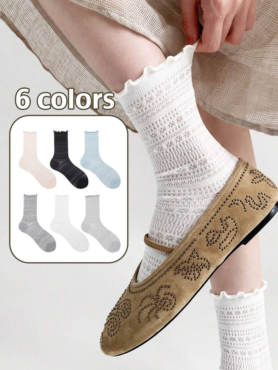 1/3 Packungen Damen Knöchelsocken in verschiedenen Farben, atmungsaktiv mit Rüschenbündchen, gemütlich im Cottagecore-Stil für Zuhause, Loungewear und lässigen Alltag - Verschiedenfarbig - Übersicht 1