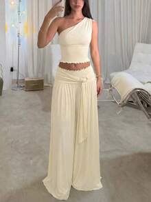 Elio Closet Women's Elegant Solid Color Fitted Summer Two Pieces Set, Minimalist Versatile Cropped Asymmetric Neck Sleeveless Top, Cinched Waist Ruched A-Line Maxi Skirt, Suitable For Beach Vacation, Work Commute, Festivals, Graduation Ceremony - Apricot - View 7