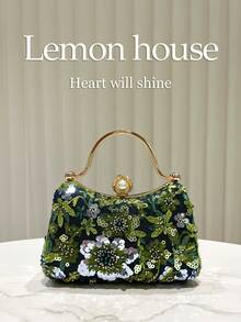 1pc Dark Green Luxurious Glitter Sequin Embroidered Beaded Handbag, Rhinestone Clutch Bag, Evening Bag, Vintage Cheongsam Bag, Small Handbag, Fashionable Elegant Clutch Bag, Wedding Bridal Bag, Cocktail Party Evening Bag, Suitable For Evening Party, Banquet, Party, Wedding, Ball, Gathering, Cocktail Party For Women - Dark Green - View 1