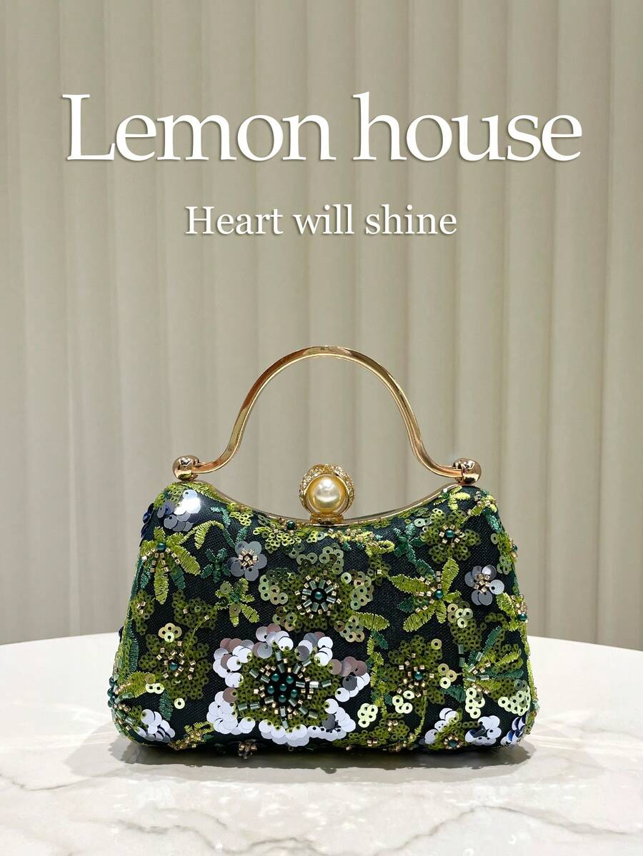 1pc Dark Green Luxurious Glitter Sequin Embroidered Beaded Handbag, Rhinestone Clutch Bag, Evening Bag, Vintage Cheongsam Bag, Small Handbag, Fashionable Elegant Clutch Bag, Wedding Bridal Bag, Cocktail Party Evening Bag, Suitable For Evening Party, Banquet, Party, Wedding, Ball, Gathering, Cocktail Party For Women - Dark Green - View 1