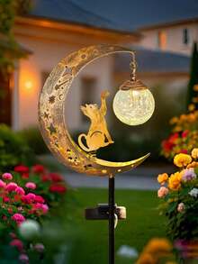 1pc Dog/Cat Shaped Cracked Glass Ball LED Garden Pathway Light, Waterproof Iron Solar Landscape Light, Suitable For Outdoor Yard, Lawn, Patio, Pathway Decoration, Pastoral Vintage Style Atmosphere Lighting - Multicolor - View 6