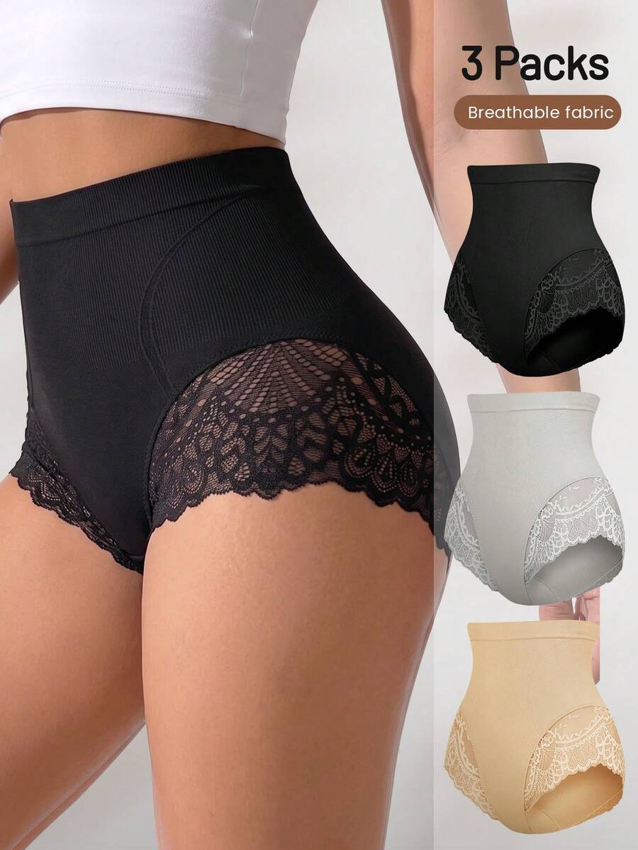 3pcs Plus Size Women's High Waist Panties, Lace Patchwork Hollow Out, Elegant Breathable, Shaping Butt Lift Tummy Control