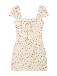 Women's Summer Polka Dot Backless Square Neck Fitted Mini Dress - Beige - View 5