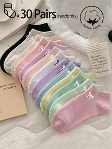 1/3/5/10/15/20/30雙女款短襪隱形襪，白色/黑色/灰色，休閒日常穿著可愛襪子，卡通細節，隨機配色 - 彩色 - 查看 19