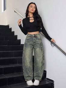 Celana Jeans Wanita Kasual Model Lurus dengan Warna Pudar, Celana Panjang Longgar Gaya Vintage Tidak Melar, Cocok untuk Dipakai di Musim Gugur - Dusty Blue - View 4