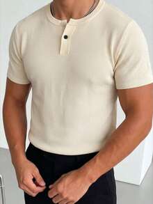 ZYNTH BALENO Men's Summer Fashion Slim Fit Regular Shoulder Henley Collar Short Sleeve Sweater, Essential For Summer Sports - Apricot - View 5