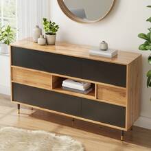 Sideboard With Shelves, Living Room Cabinet, Kitchen Cabinet, Black And Natural Wood Combination - Black and Natural - View 5