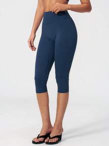 NcmRyu Women's 1pc Solid Color High Waist Tummy Control Butt Lifting Slim Fit Sports Shorts - Navy Blue - View 7
