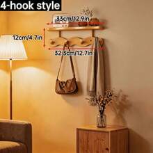 1pc Solid Wood Wavy Pattern High-End Wall Coat Rack, Shelf + Multi-Hook 2-In-1 Design, Modern Style Natural Wood Finish, Home Entryway Hallway Doorway Key Bag Storage Hanging Rack, Easy Installation High Load-Bearing Stable Structure, Cream Style High Aesthetic Home Decor Wall Storage Organizer - Multicolor - View 6