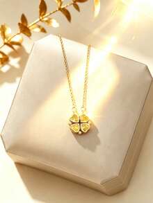 1 pieza Collar con colgante de corazón y trébol de acero inoxidable para mujeres, diseño creativo, minimalista, personalizado, de moda, adecuado para el Día de San Valentín, Acción de Gracias, Navidad, uso diario, fiestas, vacaciones, regalo, opción asequible (embalaje en bolsa OPP, caja solo para fotografía) - Amarillo Oro - Ver 2