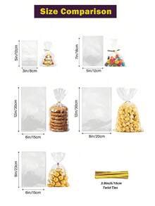 100入透明玻璃紙禮品袋 OPP塑膠零食袋附扭繩，餅乾袋，透明禮品包裝袋，適用於禮品包裝、糖果包裝、烘焙、婚禮賓客伴手禮、畢業禮物、生日派對小禮物 - 無色 - 查看 2