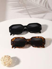 2 PCS Women's Retro Polygon Geometric Fashion Glasses Lightweight Frame Polycarbonate Material Solid Color Lenses For Vacation Outing With Glasses Box - Multicolor - View 13