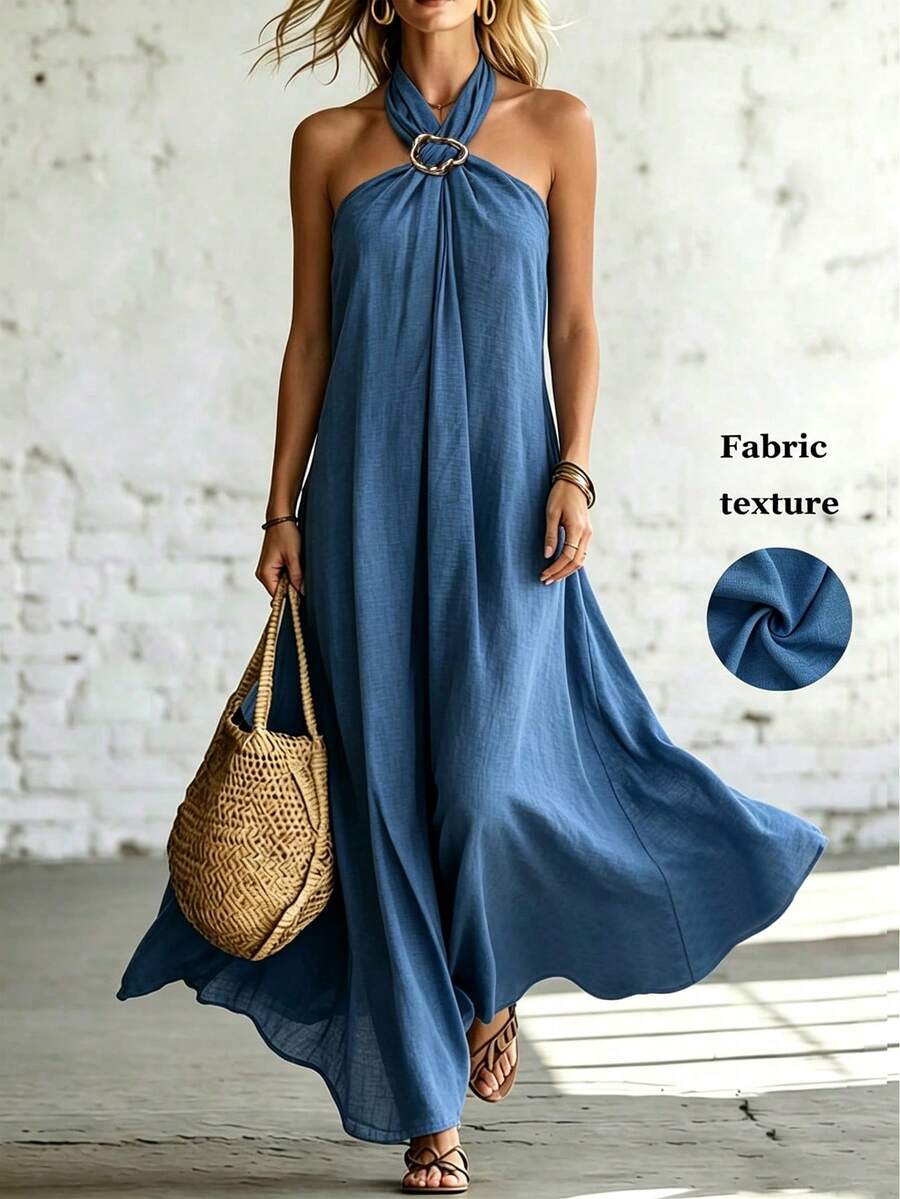 1pc Solid Color Elegant Metal Button Decor Dress, Suitable For Beach, Spring/Summer - Navy Blue - View 1