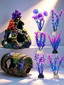 Fish Tank Decoration Betta Fish Tank Decor Accessories, Aquarium Colorful Coral Reef Set, Coral Mountain X 1, Starfish Bucket X 1, Aquarium Decorative Plants X 6 (Multiple Sets Available) - A - View 1