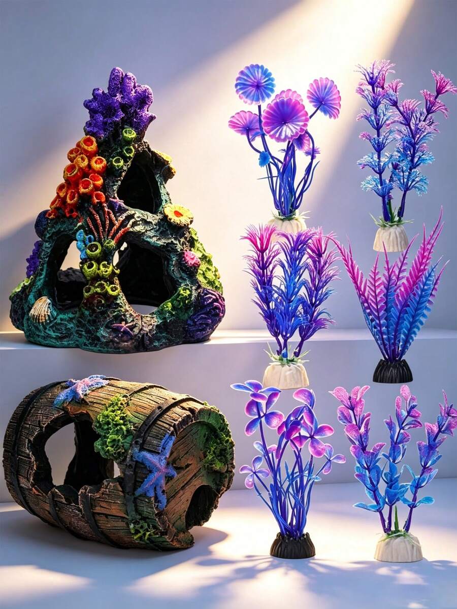Fish Tank Decoration Betta Fish Tank Decor Accessories, Aquarium Colorful Coral Reef Set, Coral Mountain X 1, Starfish Bucket X 1, Aquarium Decorative Plants X 6 (Multiple Sets Available) - A - View 1