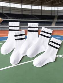 5 Pairs Minimalist Double Stripe Kids Sports Mid-Calf Socks, Suitable For Boys And Girls, All Season - Multicolor - View 5