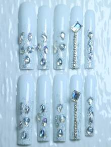 CrystalHola 10片手工穿戴甲，長款棺材形亮面水鑽美甲，奢華3D飾品裝飾美甲，壓克力材質，可重複使用，批發，迷人百搭風格，適合日常穿戴/約會/派對/婚禮/夜晚出門，工具隨機顏色 - 彩色 - 查看 2