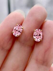 1 Pair Romantic Cubic Zirconia Stud Earrings For Women, Wedding Engagement Party Jewelry, Valentine's Day Gift - Gold + Pink - View 6