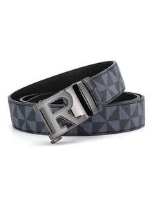 Sabuk Kulit Pria Mewah Motif Huruf R Geometris Kotak-kotak dengan Gesper Otomatis, Tali Pinggang Modis untuk Bisnis dan Kasual, Cocok untuk Pakaian Jeans Sehari-hari. - MultiWarna - View 4