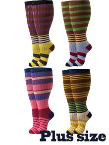 1 Pair Unisex Couple Striped Retro Sports Compression Calf Socks, Running Fitness Hiking Versatile, Autumn/Winter New Arrival - Multicolor - View 2
