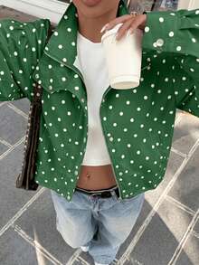 Women's Polka Dot Woven Fabric Button-Up Jacket, Casual Autumn Top - Green Polka Dots - View 3