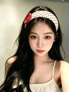 1件可愛對比色鈕扣波點寬版髮箍，柔軟彈性布料頭巾，休閒甜美髮飾 - 查看 7