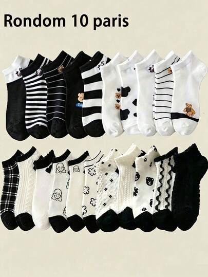 10 Pasang Kaos Kaki Wanita Minimalis Hitam & Putih, Kaos Kaki Pendek Kasual Olahraga Lucu untuk Pemakaian Sehari-hari