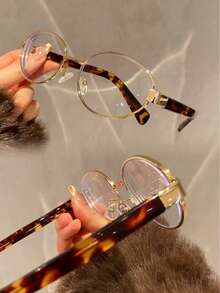 "D U K E" Series Retro Round Blue Light Block Glasses  Vintage Tortoiseshell & Gold Metal Frame, Fashion Non-Prescription Clear Lens Eyewear, - 無色 - 查看 3