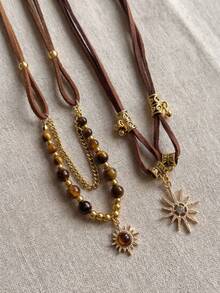 Juego de 2 collares vintage estilo occidental con piedra ojo de tigre y capas, cordón de ante sintético marrón, gargantilla de estilo bohemio para mujer - Multicolor 2 - Ver 3
