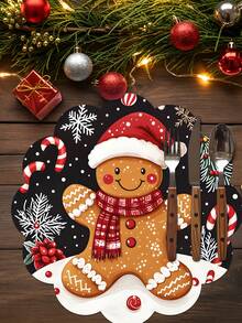 2/4/600pcs Christmas Party Flower-Shaped Placemats - Gingerbread Man With Christmas Hat, Berry Pattern; 13.78 Inch Linen Material; Tabletop Decor Non-Slip, Heat-Resistant And Machine Washable - Multicolor - View 1