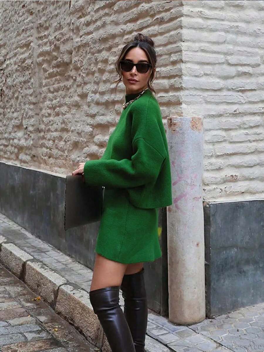 Lazy Street Style Knit Sweater Set, Semi-High Neck Drop Shoulder Pullover + Elastic Waist Mini A-Line Skirt, Soft Casual Autumn/Winter Women's Matching Outfit - Green - View 1