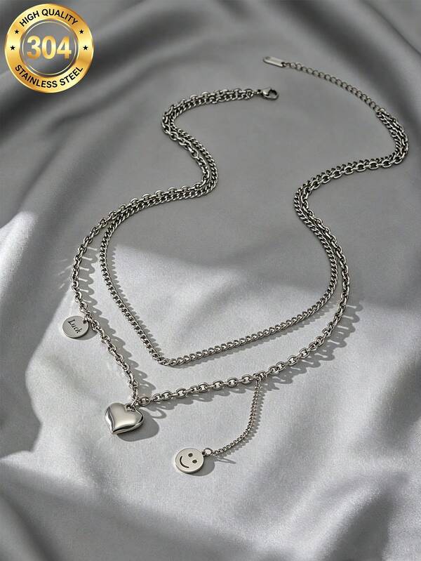 MONALLY European And American Luxury Silver Double Layer Pendant Necklace Neck Accessory Niche Design Heart Smile Face Charm Vintage Silver Layered Necklace For Women