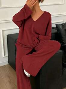 2 Pcs Women Satin V‑Neck Loungewear Set, Loose Long Sleeve Top & Long Pants, Casual Home Outfit For Spring Autumn - Burgundy - View 5