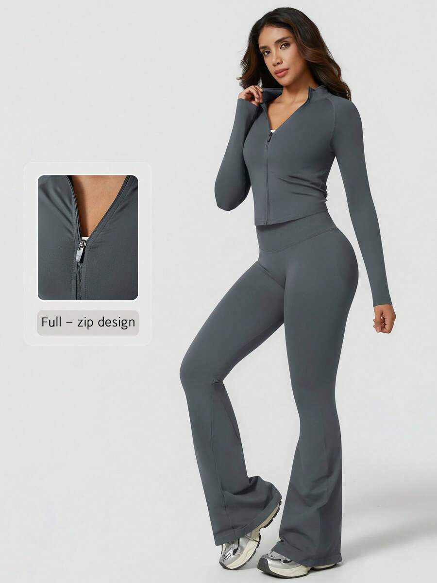 NcmRyu One Set Women's Seamless Ribbed Zipper Mock Neck Long Sleeve Flare Leggings Sports Set - Dark Grey - View 1