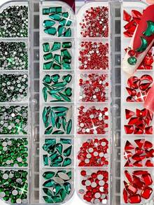 2 Boxes/Set 24 Compartments Christmas Luxury Green/Red Nail Art Rhinestones SS4-SS6 Mixed Green & Red Nail Charms Multiple Shapes + Round Nail Jewelry - Baby Pink - View 1