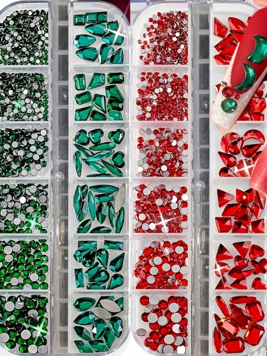 2 Boxes/Set 24 Compartments Christmas Luxury Green/Red Nail Art Rhinestones SS4-SS6 Mixed Green & Red Nail Charms Multiple Shapes + Round Nail Jewelry - Baby Pink - View 1
