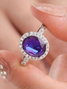 1pc 925 Sterling Silver Purple Cubic Zirconia Women's Ring, Women's Jewelry, Size 6-10, Fashionable & Simple For Daily Wear, Gift With Gift Box - Silver - View 5